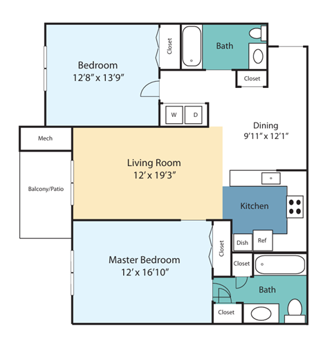 Floor plan for 2 beds, 2 baths, 1148 sqft